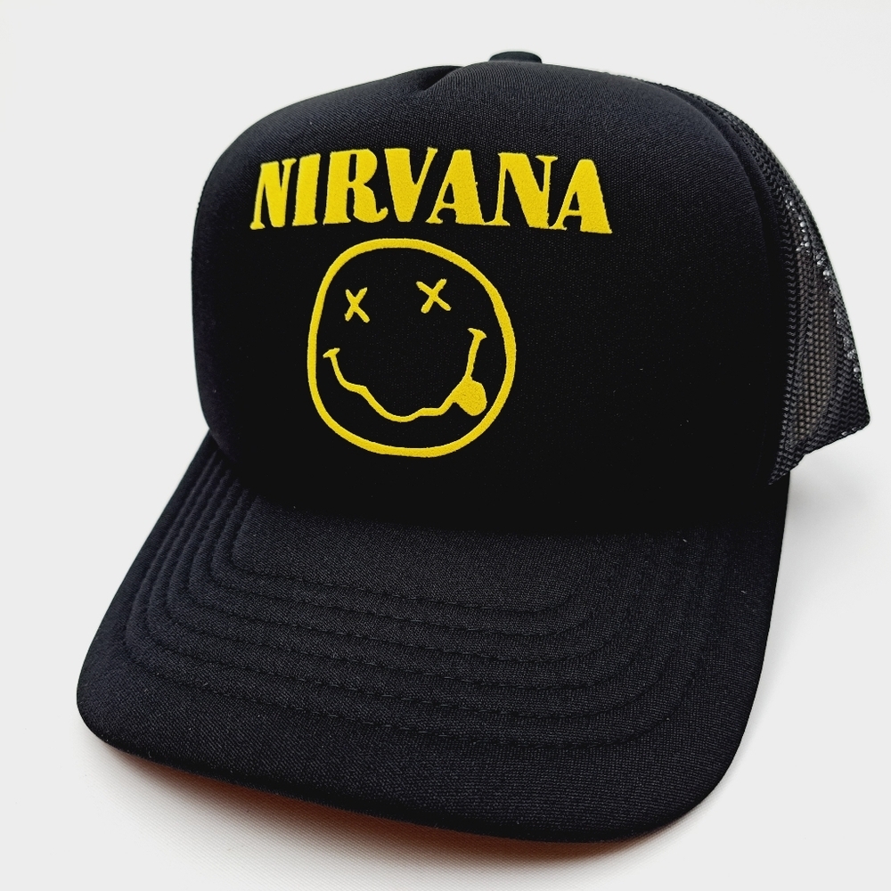 Nirvana Foam Mesh Snapback Trucker Hat Cap Black HTV applicati…